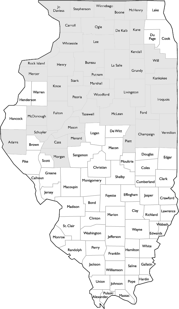 Map of Illinois showing the counties where Bradford Mutual writes insurance (go to Find an Agent)